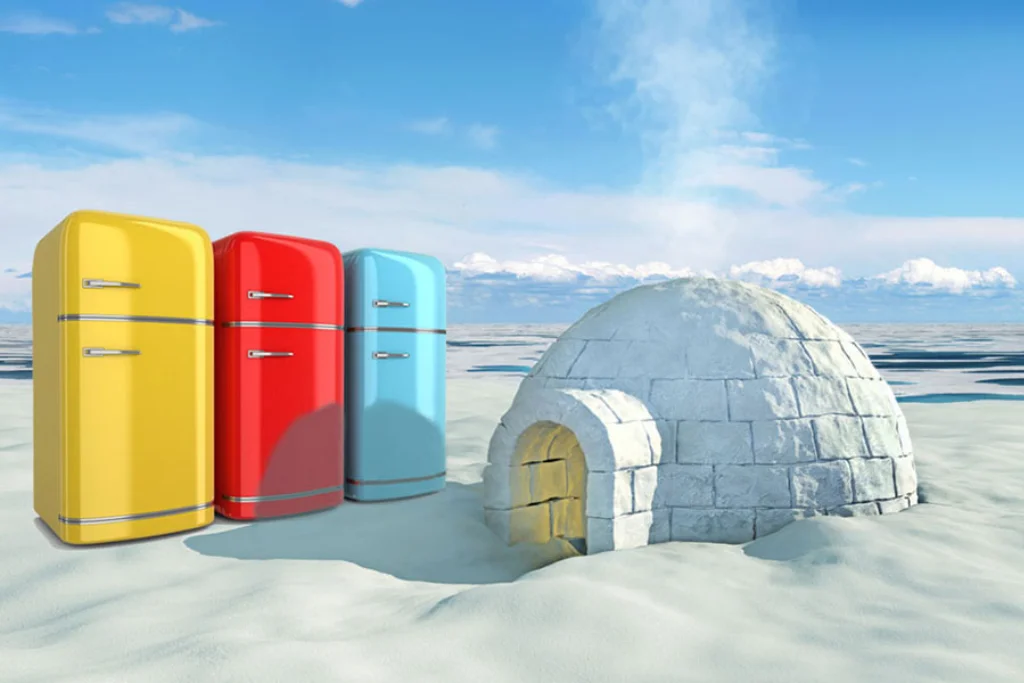 L'immagine rappresenta ben 3 frigoriferi, di quelli colorati molto appariscenti, che stanno nella prosimità di un igloo, su una immensa distesa di ghiaccio, a significare che con OsaComunicare avrai le idee di marketing capaci di vendere anche il superfluo