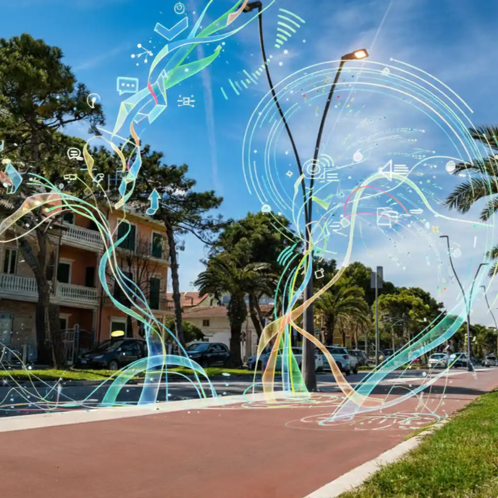L'immagine rappresenta uno scorcio del lungomare di Roseto degli Abruzzi dal cui sottosuolo si espande nell'aria tutta la creatività di Osa Comunicare