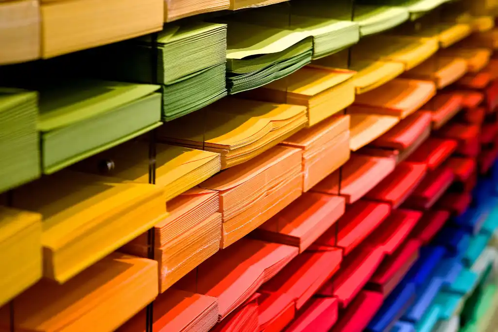 L'immagine rappresenta una collezione di risme di carta di tutti i colori dell'arcobaleno, a significare che OsaComunicare è capace di fornire qualsiasi soluzione di prodotto stampato